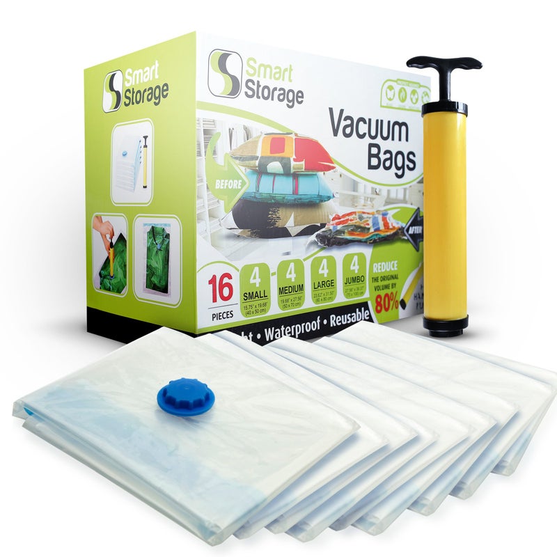 Smart Storage 16 Pack Vacuum Storage Bags, Space Saver Bags (4 Jumbo/4 Large/4 Medium/4 Small) Vacuum Sealer Bags for Clothes Storage with Travel Hand Pump - Image 1